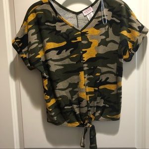 Cropped tie front sweater knit camo top